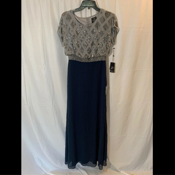 NWT‎ Adrianna Papell Beaded Colorblock Blouson Gown in Silver/Navy [SZ 2 ] - Picture 4 of 12